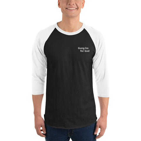 Embroidered White Stitching Gung-ho for God 3/4 Sleeve Raglan Shirt