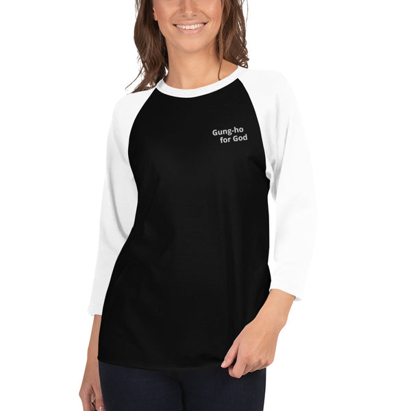 Embroidered White Stitching Gung-ho for God 3/4 Sleeve Raglan Shirt