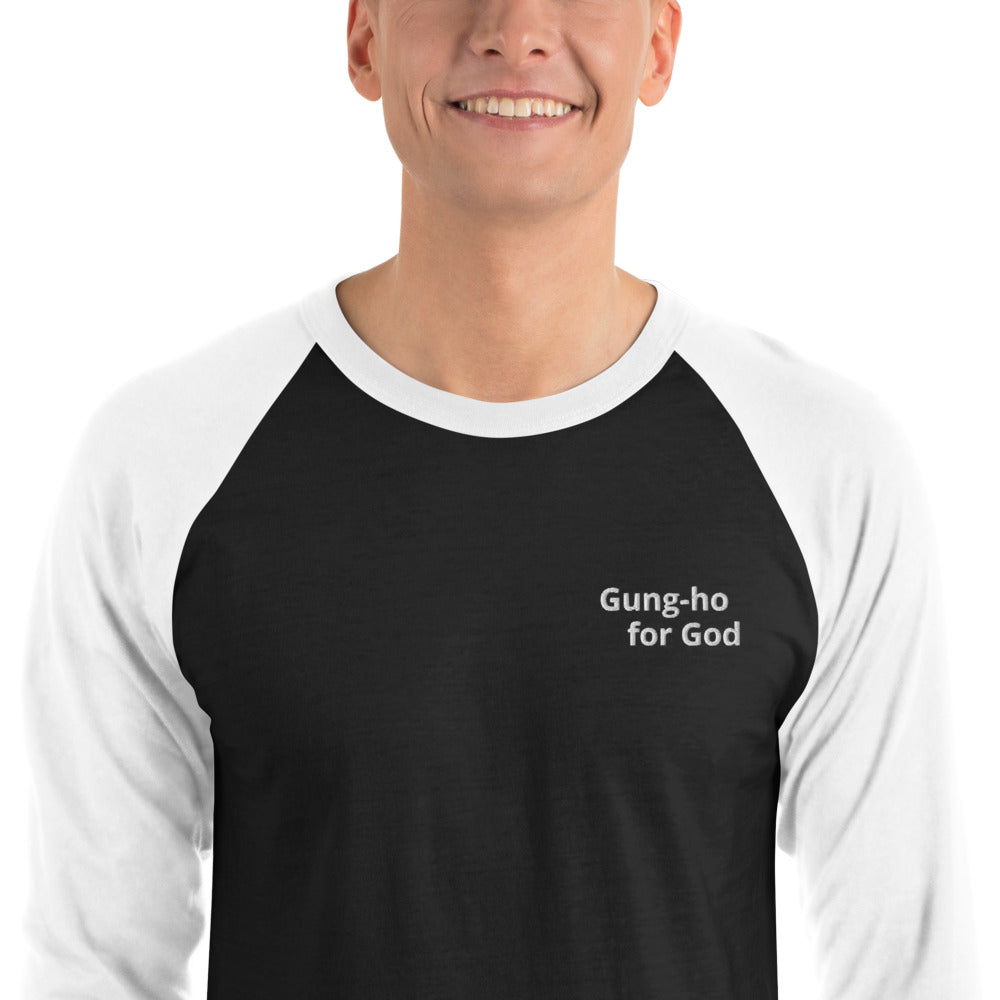Embroidered White Stitching Gung-ho for God 3/4 Sleeve Raglan Shirt