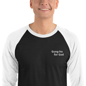 Embroidered White Stitching Gung-ho for God 3/4 Sleeve Raglan Shirt