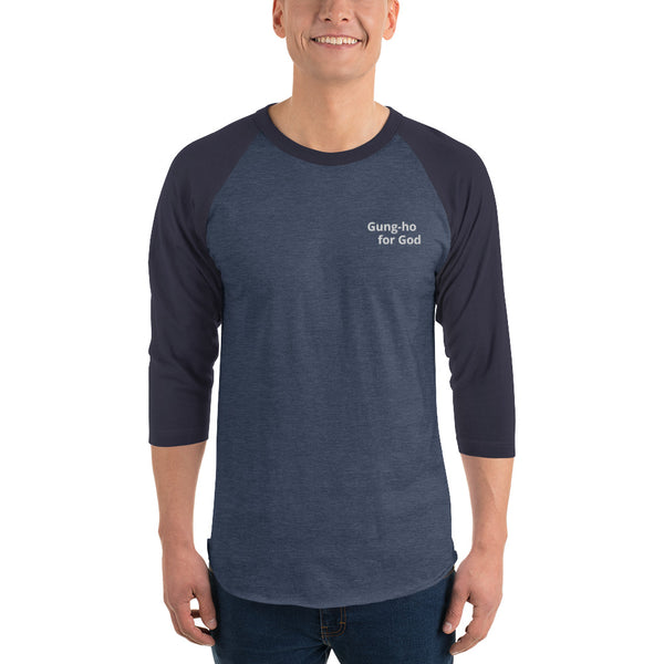 Embroidered White Stitching Gung-ho for God 3/4 Sleeve Raglan Shirt