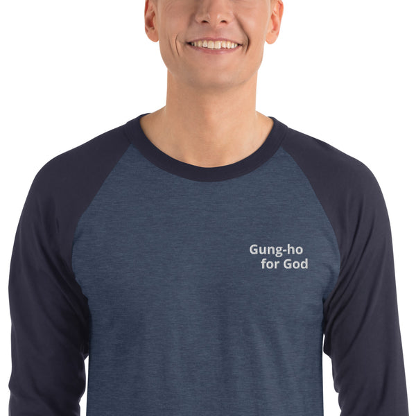 Embroidered White Stitching Gung-ho for God 3/4 Sleeve Raglan Shirt