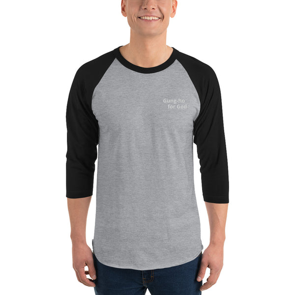 Embroidered White Stitching Gung-ho for God 3/4 Sleeve Raglan Shirt