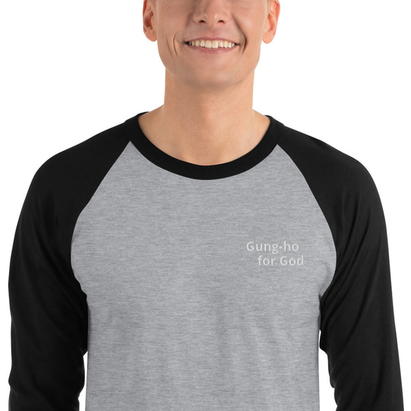 Embroidered White Stitching Gung-ho for God 3/4 Sleeve Raglan Shirt