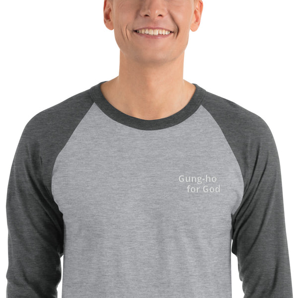 Embroidered White Stitching Gung-ho for God 3/4 Sleeve Raglan Shirt