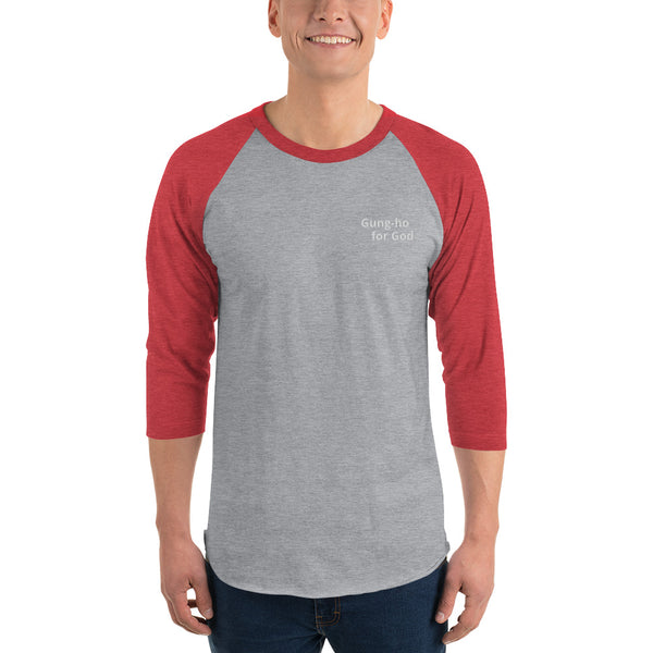 Embroidered White Stitching Gung-ho for God 3/4 Sleeve Raglan Shirt