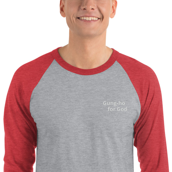 Embroidered White Stitching Gung-ho for God 3/4 Sleeve Raglan Shirt