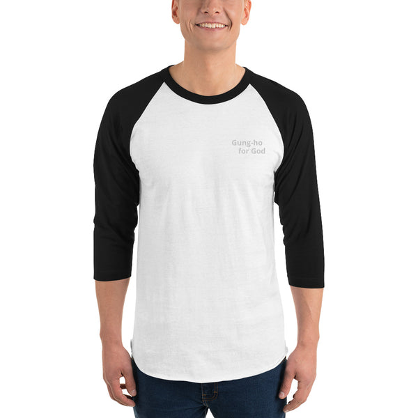 Embroidered White Stitching Gung-ho for God 3/4 Sleeve Raglan Shirt