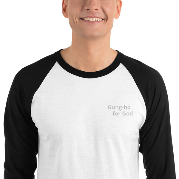 Embroidered White Stitching Gung-ho for God 3/4 Sleeve Raglan Shirt
