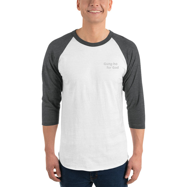 Embroidered White Stitching Gung-ho for God 3/4 Sleeve Raglan Shirt
