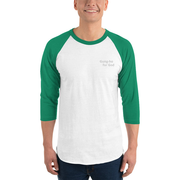 Embroidered White Stitching Gung-ho for God 3/4 Sleeve Raglan Shirt