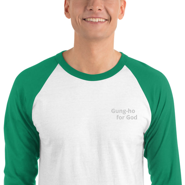 Embroidered White Stitching Gung-ho for God 3/4 Sleeve Raglan Shirt