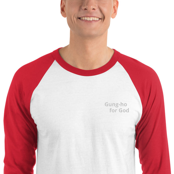 Embroidered White Stitching Gung-ho for God 3/4 Sleeve Raglan Shirt